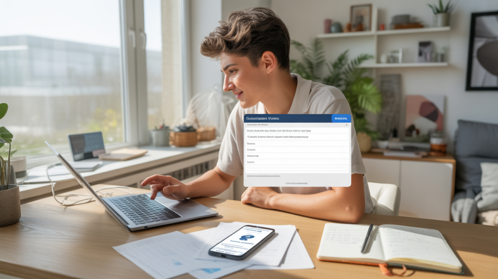Jeune entrepreneur travaillant depuis son bureau à domicile pour créer sa micro‑entreprise en ligne, dans une scène réaliste et lumineuse.