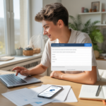 Jeune entrepreneur travaillant depuis son bureau à domicile pour créer sa micro‑entreprise en ligne, dans une scène réaliste et lumineuse.