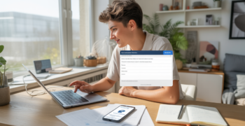 Jeune entrepreneur travaillant depuis son bureau à domicile pour créer sa micro‑entreprise en ligne, dans une scène réaliste et lumineuse.