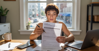 Jeune entrepreneur remplissant des documents officiels sur un bureau dans un bureau à domicile lumineux et réaliste.