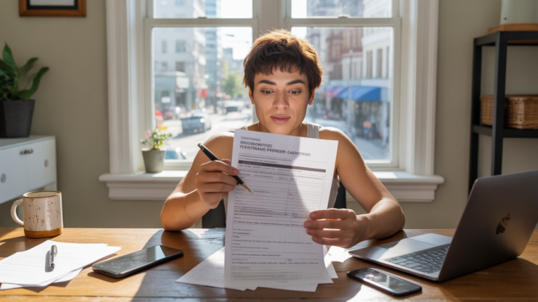 Jeune entrepreneur remplissant des documents officiels sur un bureau dans un bureau à domicile lumineux et réaliste.