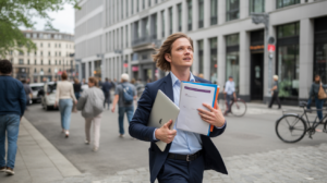 Scène réaliste d’une personne quittant un immeuble de bureaux pour se lancer dans la création de son entreprise.