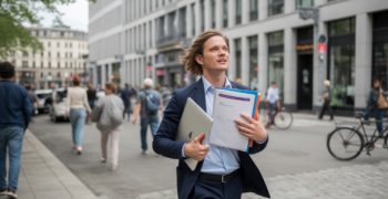 Scène réaliste d’une personne quittant un immeuble de bureaux pour se lancer dans la création de son entreprise.