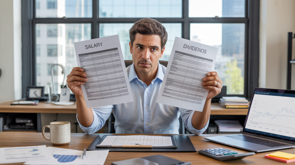 Dirigeant examinant des documents financiers dans un bureau moderne lumineux, illustrant le choix entre salaire et dividendes.