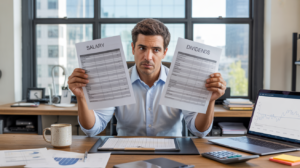 Dirigeant examinant des documents financiers dans un bureau moderne lumineux, illustrant le choix entre salaire et dividendes.