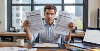Dirigeant examinant des documents financiers dans un bureau moderne lumineux, illustrant le choix entre salaire et dividendes.