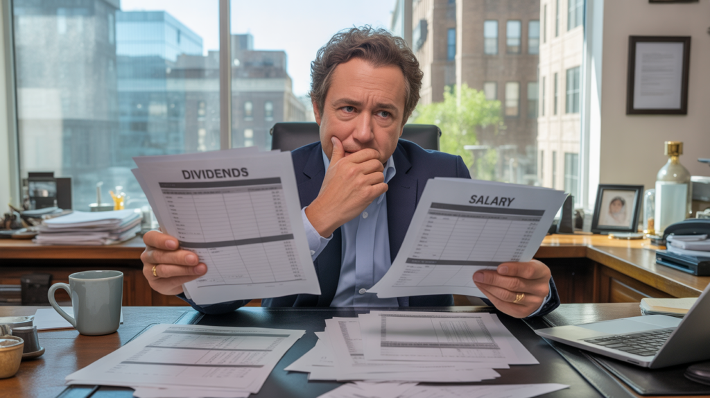 Scène réaliste dans un bureau de dirigeant comparant des documents de dividendes et de salaire.