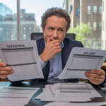 Scène réaliste dans un bureau de dirigeant comparant des documents de dividendes et de salaire.