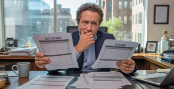 Scène réaliste dans un bureau de dirigeant comparant des documents de dividendes et de salaire.