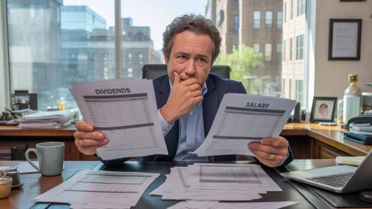 Scène réaliste dans un bureau de dirigeant comparant des documents de dividendes et de salaire.