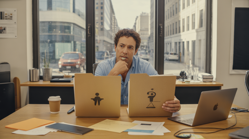 Entrepreneur dans un espace de coworking réel réfléchissant entre deux options de statut juridique, assis à un bureau avec dossiers et documents dans une scène naturelle et authentique.