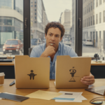 Entrepreneur dans un espace de coworking réel réfléchissant entre deux options de statut juridique, assis à un bureau avec dossiers et documents dans une scène naturelle et authentique.