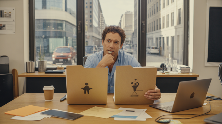 Entrepreneur dans un espace de coworking réel réfléchissant entre deux options de statut juridique, assis à un bureau avec dossiers et documents dans une scène naturelle et authentique.