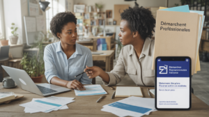 Entrepreneur français discutant avec un conseiller dans un espace de coworking, examinant des documents liés au maintien de l’ARE lors de la création d’entreprise.