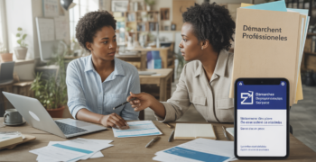 Entrepreneur français discutant avec un conseiller dans un espace de coworking, examinant des documents liés au maintien de l’ARE lors de la création d’entreprise.