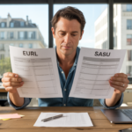 Entrepreneur seul dans un bureau moderne comparant des documents EURL et SASU dans une scène réaliste et naturelle.