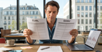 Entrepreneur seul dans un bureau moderne comparant des documents EURL et SASU dans une scène réaliste et naturelle.