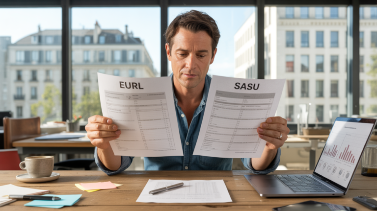 Entrepreneur seul dans un bureau moderne comparant des documents EURL et SASU dans une scène réaliste et naturelle.