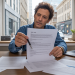 Scène réaliste d’un entrepreneur étudiant des documents juridiques dans un bureau moderne éclairé par la lumière du jour.