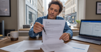 Scène réaliste d’un entrepreneur étudiant des documents juridiques dans un bureau moderne éclairé par la lumière du jour.