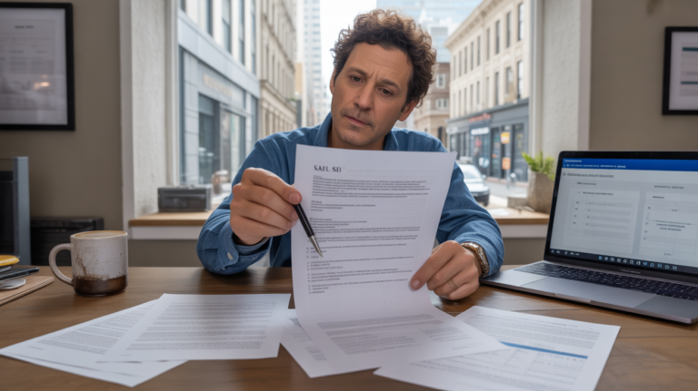 Scène réaliste d’un entrepreneur étudiant des documents juridiques dans un bureau moderne éclairé par la lumière du jour.