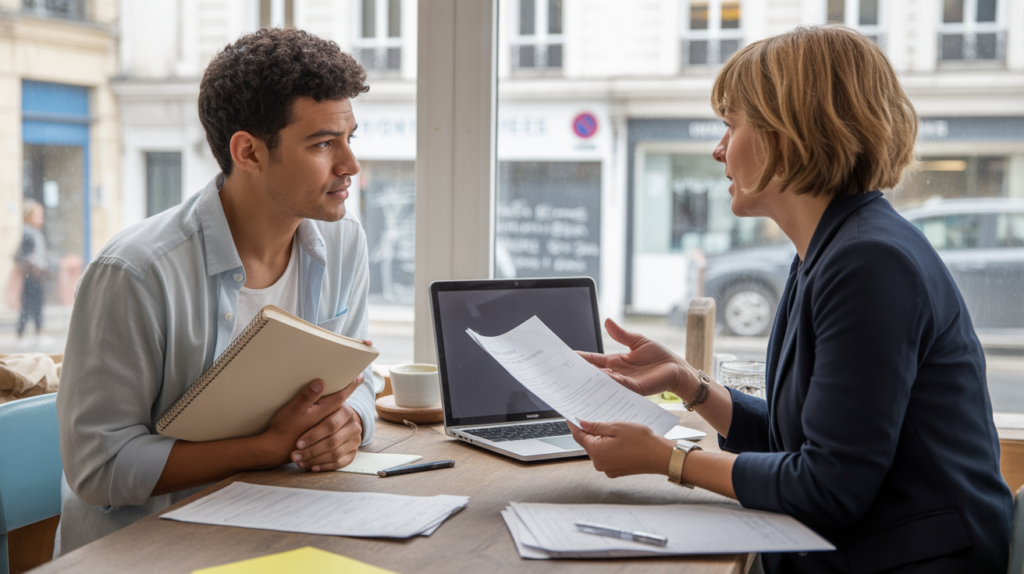 Scène réaliste d’un entrepreneur en rendez-vous avec un conseiller dans un espace de coworking lumineux pour discuter de la création d’entreprise et du maintien des droits au chômage.