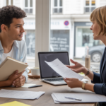 Scène réaliste d’un entrepreneur en rendez-vous avec un conseiller dans un espace de coworking lumineux pour discuter de la création d’entreprise et du maintien des droits au chômage.