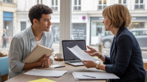 Scène réaliste d’un entrepreneur en rendez-vous avec un conseiller dans un espace de coworking lumineux pour discuter de la création d’entreprise et du maintien des droits au chômage.