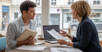 Scène réaliste d’un entrepreneur en rendez-vous avec un conseiller dans un espace de coworking lumineux pour discuter de la création d’entreprise et du maintien des droits au chômage.