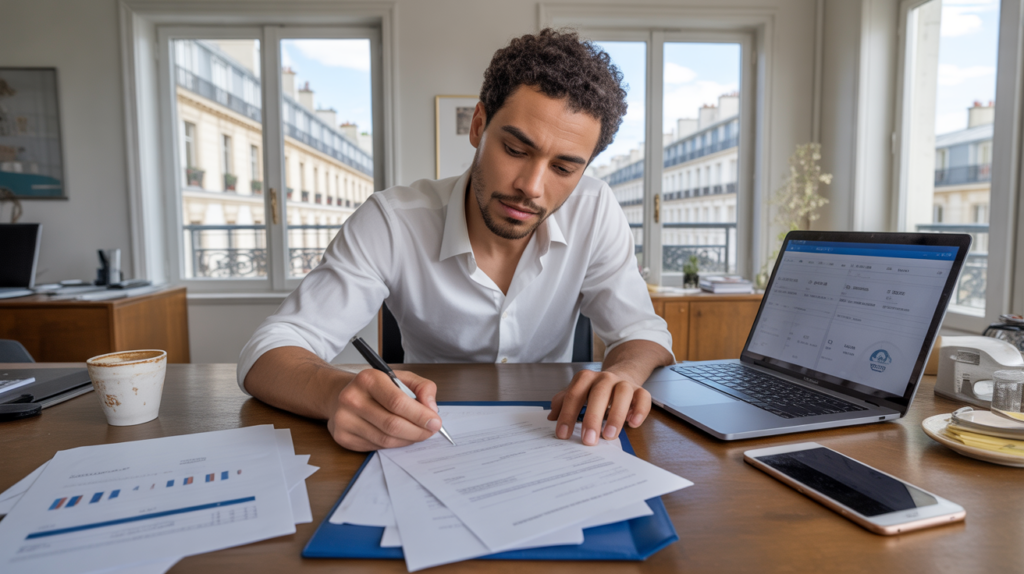 Entrepreneur français signant des documents dans un bureau moderne avec vue sur Paris, symbolisant les responsabilités et avantages d’une SASU.