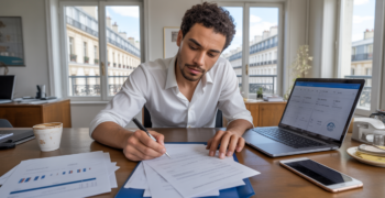 Entrepreneur français signant des documents dans un bureau moderne avec vue sur Paris, symbolisant les responsabilités et avantages d’une SASU.
