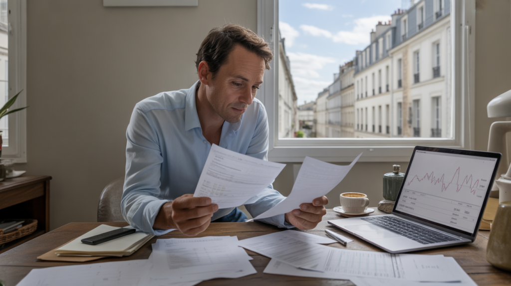 Entrepreneur français analysant des documents financiers dans un bureau lumineux avec vue sur des immeubles parisiens.