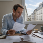 Entrepreneur français analysant des documents financiers dans un bureau lumineux avec vue sur des immeubles parisiens.