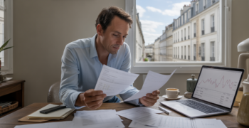 Entrepreneur français analysant des documents financiers dans un bureau lumineux avec vue sur des immeubles parisiens.