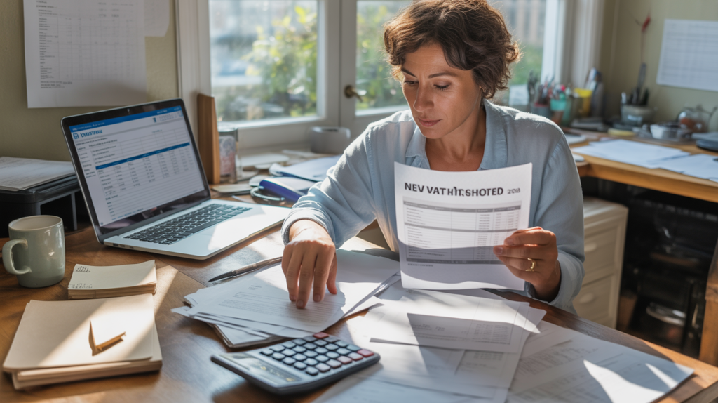 Entrepreneur examinant des documents fiscaux dans un bureau réaliste et ensoleillé, symbolisant la compréhension des nouveaux seuils de TVA 2026.