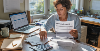 Entrepreneur examinant des documents fiscaux dans un bureau réaliste et ensoleillé, symbolisant la compréhension des nouveaux seuils de TVA 2026.