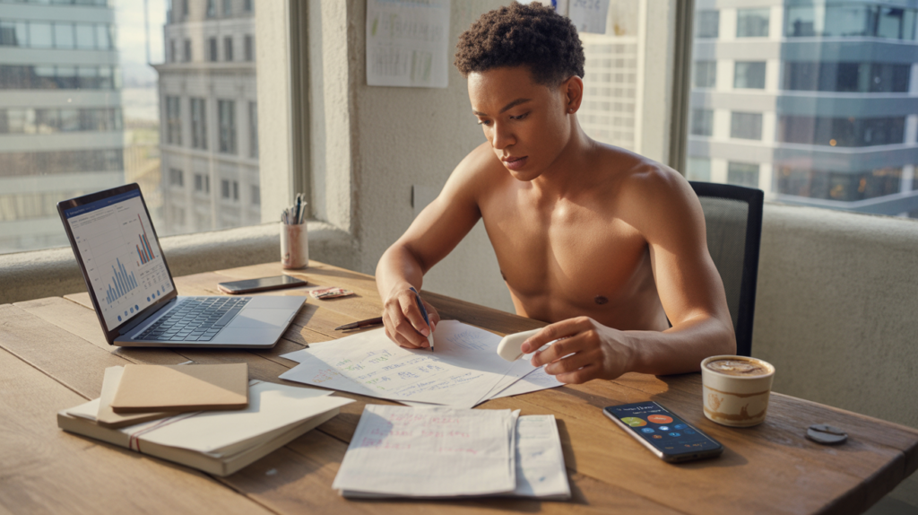 Jeune entrepreneur travaillant sur un business plan dans un bureau moderne et lumineux, avec des documents, un ordinateur et une scène réaliste.