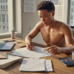 Jeune entrepreneur travaillant sur un business plan dans un bureau moderne et lumineux, avec des documents, un ordinateur et une scène réaliste.