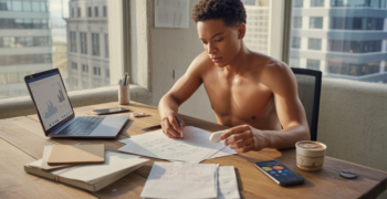 Jeune entrepreneur travaillant sur un business plan dans un bureau moderne et lumineux, avec des documents, un ordinateur et une scène réaliste.