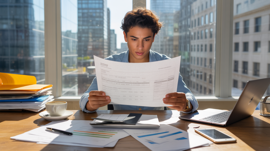 Scène réaliste d’un entrepreneur travaillant sur un business plan imprimé dans un bureau lumineux avec vue sur une ville moderne.