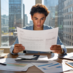 Scène réaliste d’un entrepreneur travaillant sur un business plan imprimé dans un bureau lumineux avec vue sur une ville moderne.