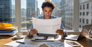 Scène réaliste d’un entrepreneur travaillant sur un business plan imprimé dans un bureau lumineux avec vue sur une ville moderne.