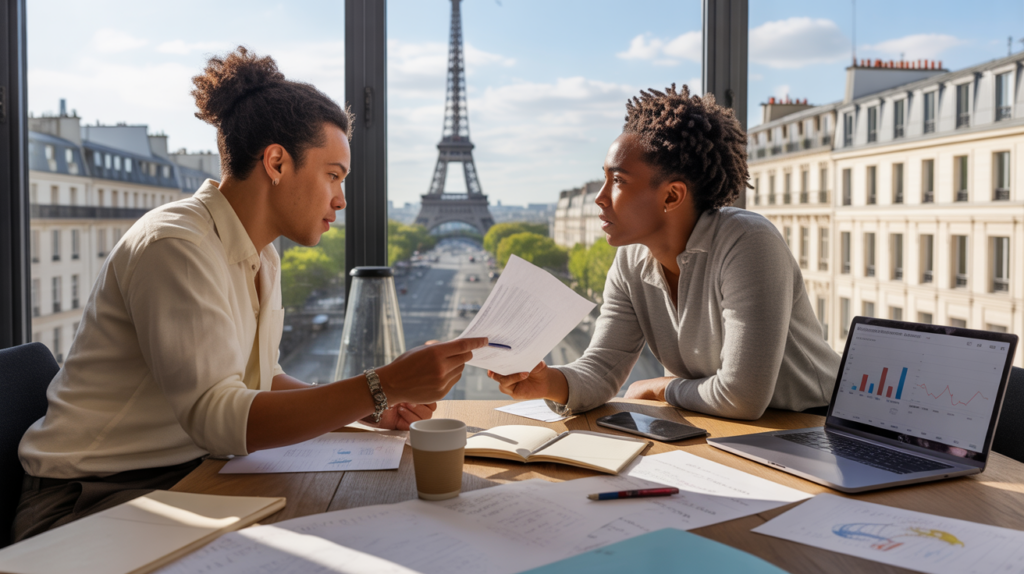 Deux entrepreneurs français discutant dans un espace de coworking moderne avec vue réaliste sur Paris, symbolisant la création d’entreprise en France.