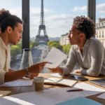 Deux entrepreneurs français discutant dans un espace de coworking moderne avec vue réaliste sur Paris, symbolisant la création d’entreprise en France.