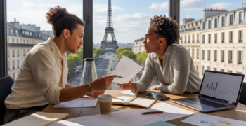Deux entrepreneurs français discutant dans un espace de coworking moderne avec vue réaliste sur Paris, symbolisant la création d’entreprise en France.