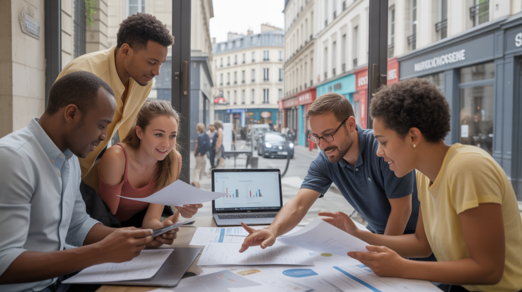 Groupe d'entrepreneurs travaillant dans un coworking français avec vue réelle sur une rue parisienne, ambiance naturelle et authentique.