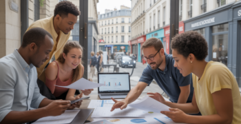 Groupe d'entrepreneurs travaillant dans un coworking français avec vue réelle sur une rue parisienne, ambiance naturelle et authentique.