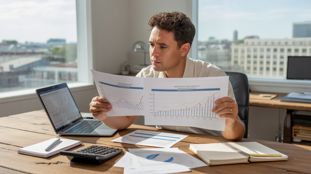 Entrepreneur analysant ses documents financiers dans un bureau lumineux et réaliste, illustrant la gestion des seuils de chiffre d'affaires d'une micro‑entreprise.