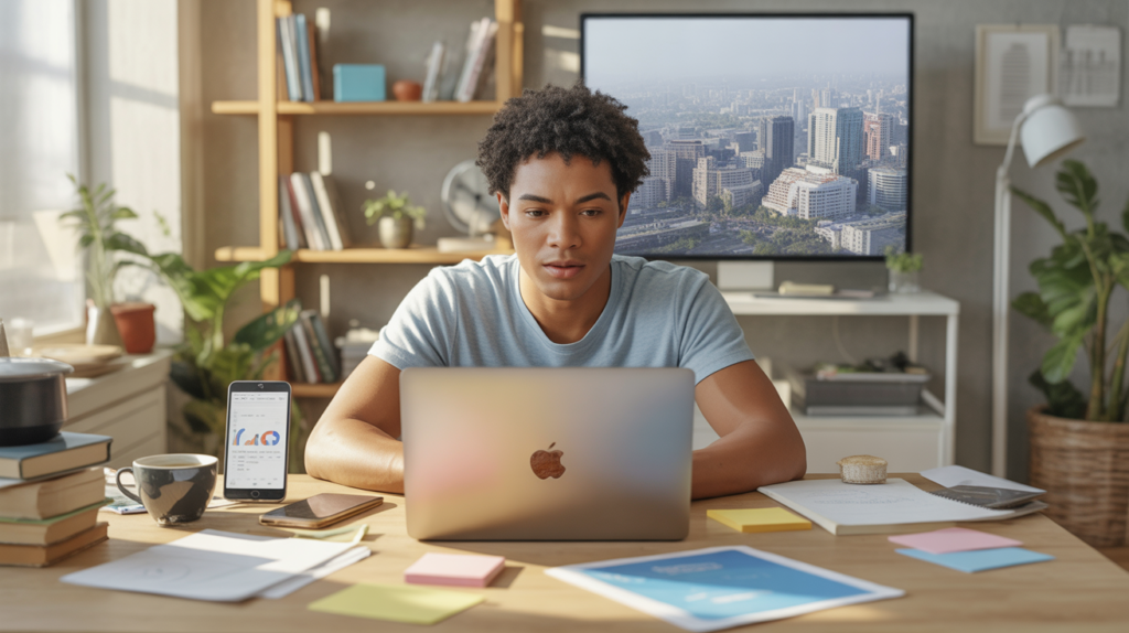 Jeune entrepreneur travaillant dans un bureau lumineux et réaliste, entouré de notes, d’outils numériques et d’une vue authentique sur la ville.