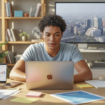Jeune entrepreneur travaillant dans un bureau lumineux et réaliste, entouré de notes, d’outils numériques et d’une vue authentique sur la ville.